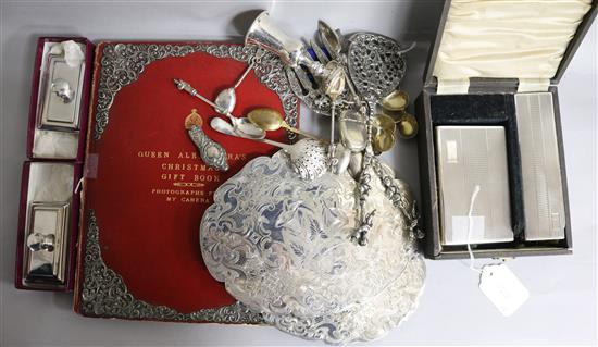 A five-piece silver dressing table set. sundry silver and plated items, etc, including two Aspreys paperweights